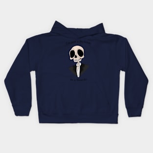 A skeleton in a Tuxedo Kids Hoodie